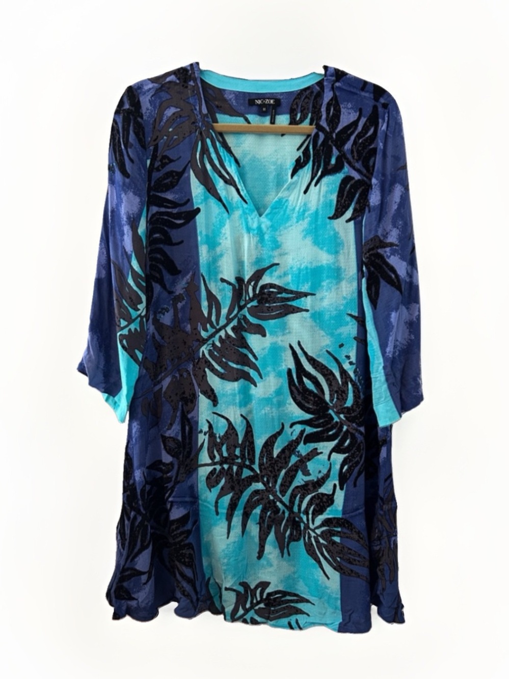 NIC+ZOE Blue Tropical Palm V-Neck Dress Swim Coverup M